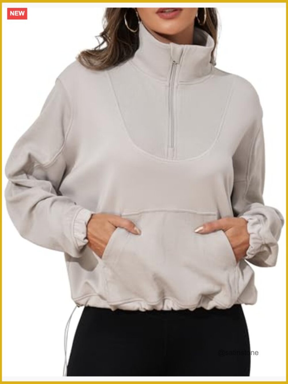 Ribbed Half Zip Cropped Sweatshirt with Pockets - Picture 2 of 6